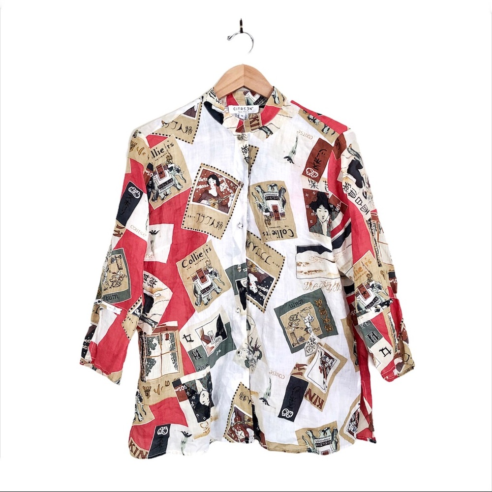 CITRON Mandarin Collar Geisha Stamp Ramie 3/4 Sleeve Top